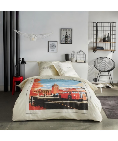 Parure de lit - TODAY - JAVA - 2 personnes - 240x220 cm - Coton - Imprimé London - Blanc cassé