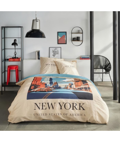 Parure de lit - TODAY - JAVA - 2 personnes - 240x220 cm - Coton - Imprimé New York - Beige