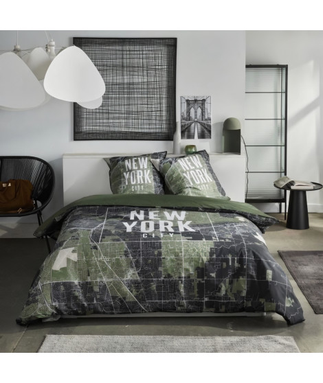 Parure de lit - TODAY - JAVA - 2 personnes - 240x220 cm - Coton - Imprimé New York - Vert