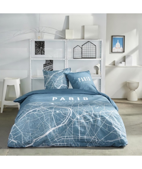 Parure de lit - TODAY - JAVA - 2 personnes - 240x220 cm - Coton - Imprimé Paris - Bleu