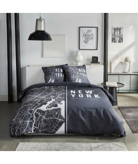 Parure de lit - TODAY - JAVA - 2 personnes - 240x220 cm - Coton - Imprimé New York - Noir