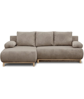 Canapé d'angle gauche convertible - 3 places - MIKA - Tissu velours côtelé taupe - Coffre de rangement - 192 x 84 x 93 cm