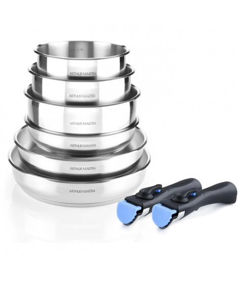 ARTHUR MARTIN AM5538 - Batterie de cuisine 8 pieces Inox : 3 poeles, 3 casseroles, 2 poignées - Tous feux dont induction