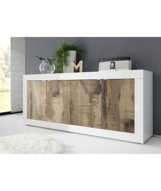 Buffet - BASICO - 4 portes - Blanc décor chene Pero - 207 x 86 x 43 cm