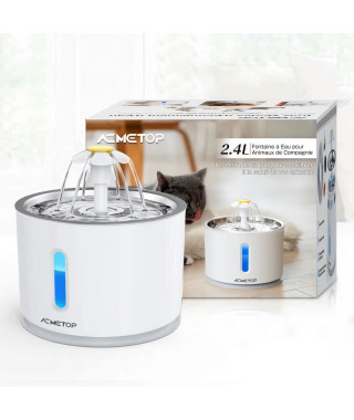 2.4L Fontaine a Eau pour Chat, Distributeur Eau pour Animaux de Compagnie Arret Auto Sans Eau, Filtre Remplaçable, Eclairage de