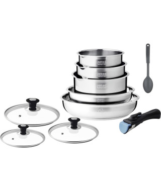 Batterie de cuisine induction - Arthur Martin - AM4485 - Acier inoxydable - 10 pieces - Poignée amovible - Tous feux dont ind…