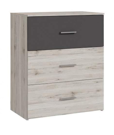 Commode - ADRIA - 3 tiroirs - Chene cendré / Gris uni - 75,2 x 41,3 x 89,7 cm