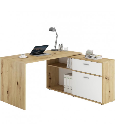 Bureau d'angle avec rangements Diego - Mélaminé chene/blanc brillant - L138 x H75 x P138 cm
