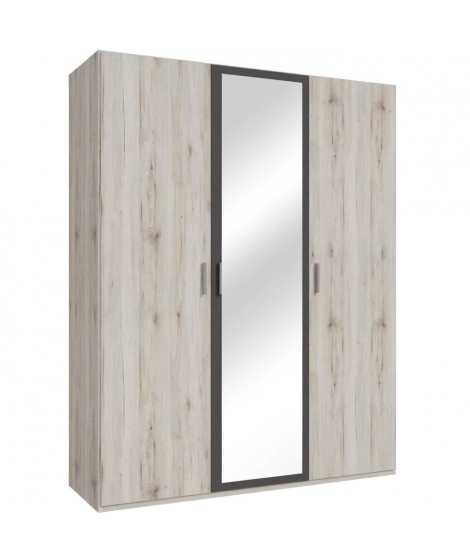 Armoire de chambre - ADRIA - Chene cendré / Gris foncé - 3 portes battantes - 1 miroir - 165,6 x 54,2 x 210,5 cm
