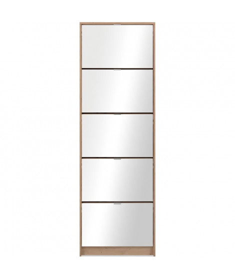 Meuble a chaussures - KOBLENZ - Chene artisan - 58 x 177 x 17 cm - 5 abattants - Facade miroir