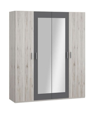 Armoire de chambre - ADRIA - Chene cendré / Gris foncé - 4 portes battantes - 2 miroirs - 177,5 x 54,2 x 210,5 cm