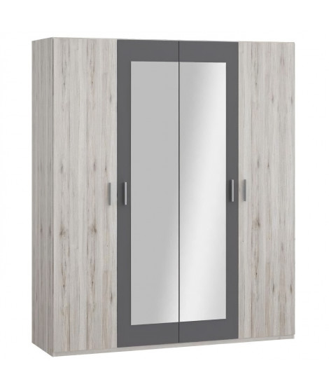 Armoire de chambre - ADRIA - Chene cendré / Gris foncé - 4 portes battantes - 2 miroirs - 177,5 x 54,2 x 210,5 cm