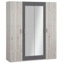 Armoire de chambre - ADRIA - Chene cendré / Gris foncé - 4 portes battantes - 2 miroirs - 177,5 x 54,2 x 210,5 cm