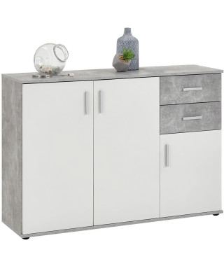 Buffet bicolore - Décor gris béton LA et blanc - 3 portes + 2 tiroirs - L120,5 x H83 x P35 cm - Fabriqué en Allemagne