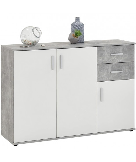 Buffet bicolore - Décor gris béton LA et blanc - 3 portes + 2 tiroirs - L120,5 x H83 x P35 cm - Fabriqué en Allemagne