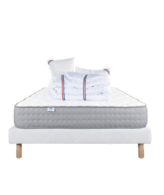 LUXURY LITERIE - Ensemble matelas + sommier - ZEN - 140 x 190 cm - Tapissier - Ferme  -  2 oreillers + couette - Face été/hiver