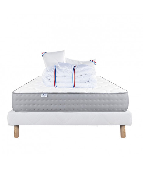LUXURY LITERIE - Ensemble matelas + sommier - ZEN - 140 x 190 cm - Tapissier - Ferme  -  2 oreillers + couette - Face été/hiver