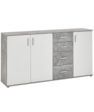 Buffet bicolore - Décor gris béton LA et blanc - 3 portes + 4 tiroirs - L160,1 x H83 x P35 cm - Fabriqué en Allemagne