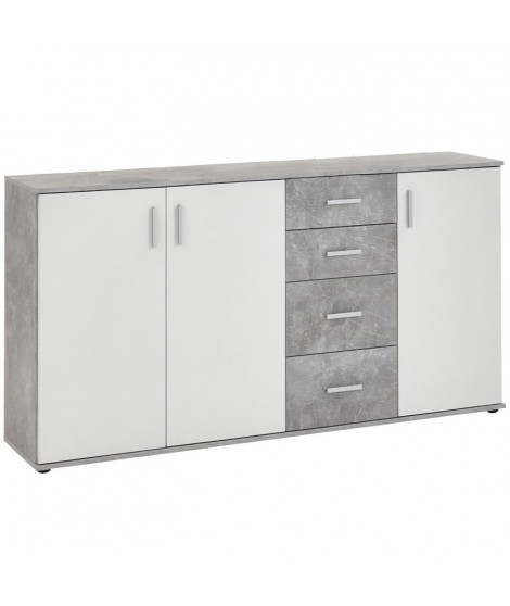 Buffet bicolore - Décor gris béton LA et blanc - 3 portes + 4 tiroirs - L160,1 x H83 x P35 cm - Fabriqué en Allemagne
