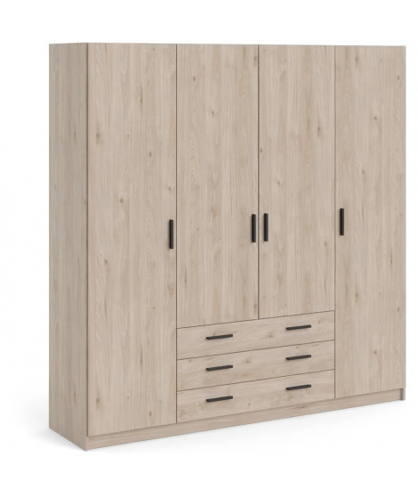 Armoire VEGA - Décor Chene Jackson - 4 portes + 3 tiroirs - L 195,5 x P 49,6 x H 200,4 cm