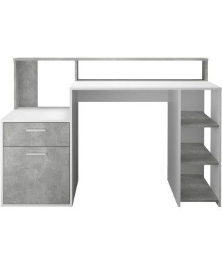 Bureau avec réhausse et rangements BOLTON - Mélamine blanc/gris béton - L138,5 x H91,6 x P53,5 cm