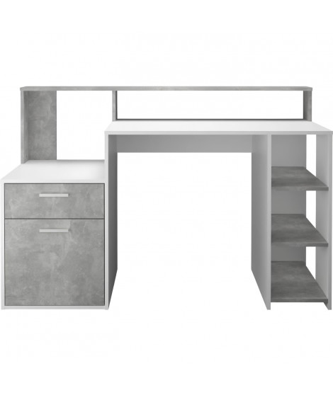 Bureau avec réhausse et rangements BOLTON - Mélamine blanc/gris béton - L138,5 x H91,6 x P53,5 cm