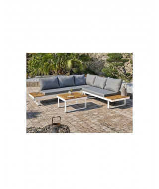 Salon bas de jardin - Aluminium - DCB GARDEN - 5 places - Blanc et bois d'acacia - MIYAKO