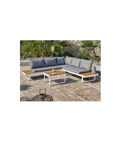 Salon bas de jardin - Aluminium - DCB GARDEN - 5 places - Blanc et bois d'acacia - MIYAKO