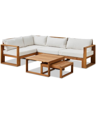 Salon de jardin d'angle modulable - Bois d'acacia - 5 personnes - LEVATA OTTOMAN - Blanc cassé + Housse