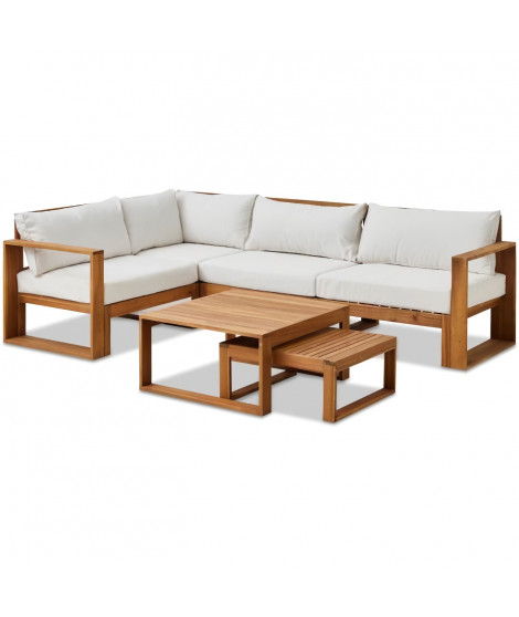 Salon de jardin d'angle modulable - Bois d'acacia - 5 personnes - LEVATA OTTOMAN - Blanc cassé + Housse