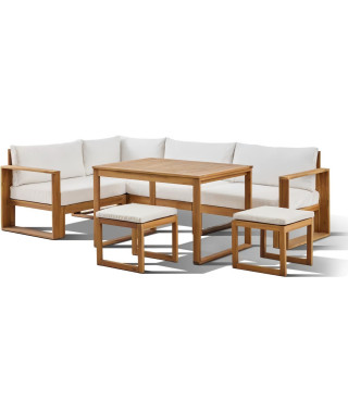 Salon de jardin d'angle modulable - Bois d'acacia - 6 personnes - LEVATA DINING - Blanc cassé + Housse