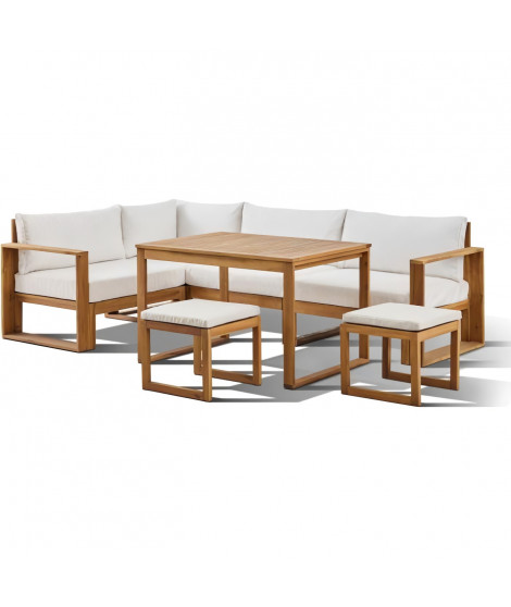 Salon de jardin d'angle modulable - Bois d'acacia - 6 personnes - LEVATA DINING - Blanc cassé + Housse