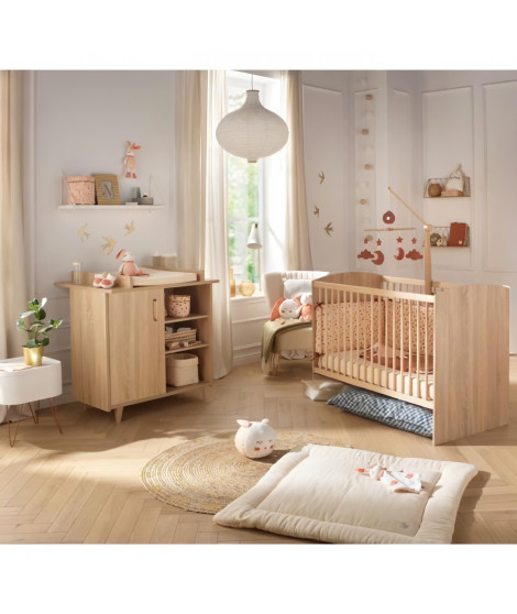 Chambre duo bébé - SAUTHON - Sam Chene doré - Lit bébé 120 x 60 cm et commode a langer