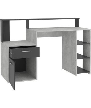 Bureau avec réhausse et rangements BOLTON - Mélamine gris béton/antracite - L138,5 x H91,6 x P53,5 cm