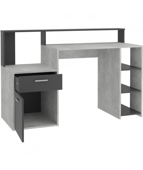 Bureau avec réhausse et rangements BOLTON - Mélamine gris béton/antracite - L138,5 x H91,6 x P53,5 cm