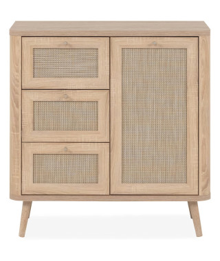 Commode - KUTA 01A - 1 porte - 3 tiroirs - Chene sonoma / Osier Palu -  80,9 x 84 x 40 cm