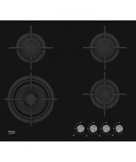 Table de cuisson a gaz - BEKO - 3 foyers + 1 double couronne - 60 cm - HILW6121SB