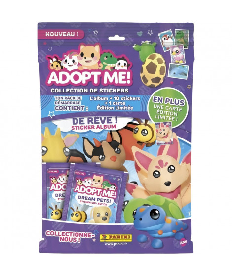 Pack de démarrage - PANINI - Adopt Me! Roblox - Album + 2 pochettes - 1 carte édition limitée - 10 stickers