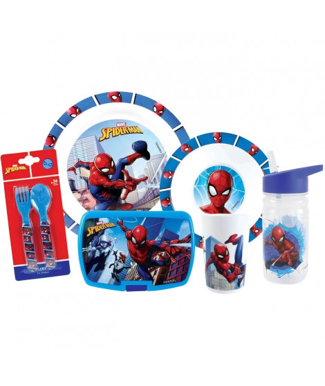 Lot vaisselle - FUN HOUSE - SPIDERMAN - Verre, assiette Ø22 cm et Ø16 cm, couverts, gourde et boite goûter