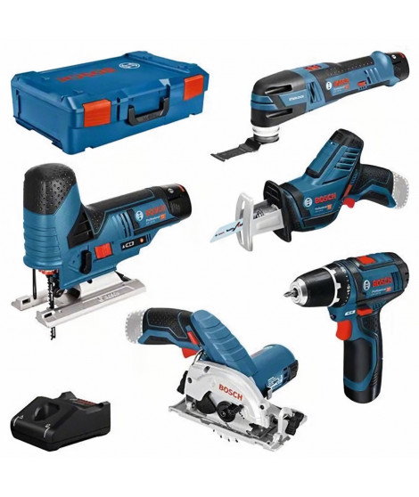 Pack de 5 outils sans-fil (GST + GOP + GSA + GSR + GKS) + 3 batteries 3Ah + chargeur + coffret L-BOXX - BOSCH - 0615A0017C