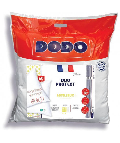 DODO - Lot de 2 oreillers moelleux - DUO PROTECT - 60 x 60 cm - 100 % Polyester VOLUPT'AIR - Blanc