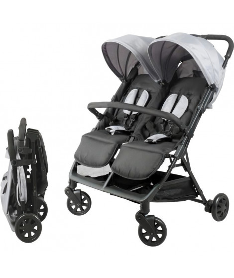 Bambisol - DS209 GRIS NOIR - Poussette Double Cote a Cote | Pour Jumeaux des la Naissance, Pliage Ultra-Compact | Noir Gris