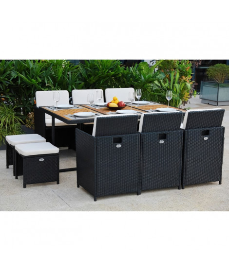 MAGOON Salon de jardin encastrable 6 personnes- table 167x110cm + 6 fauteuils résine tressée + 4 poufs -Bois Acacia FSC