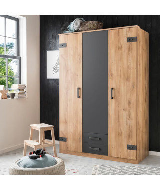Armoire de chambre - CORFOU - 3 portes - 2 tiroirs - Chene poutre / Graphite - 135 x 58 x 199 cm