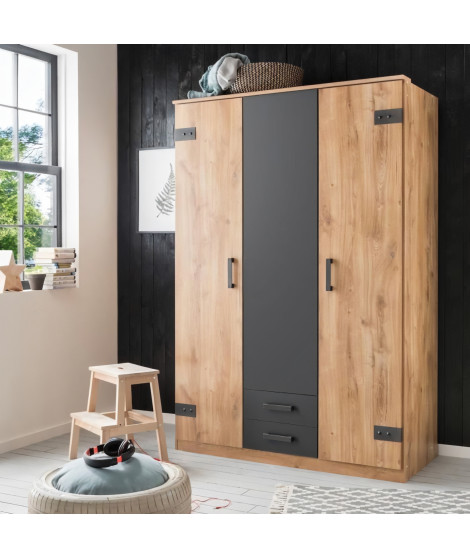 Armoire de chambre - CORFOU - 3 portes - 2 tiroirs - Chene poutre / Graphite - 135 x 58 x 199 cm