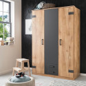 Armoire de chambre - CORFOU - 3 portes - 2 tiroirs - Chene poutre / Graphite - 135 x 58 x 199 cm