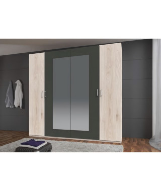 Armoire de chambre - RHODES - Chene Hickory / Rechampis graphite - 4 portes - 2 miroirs - 225 x 58 x 208 cm