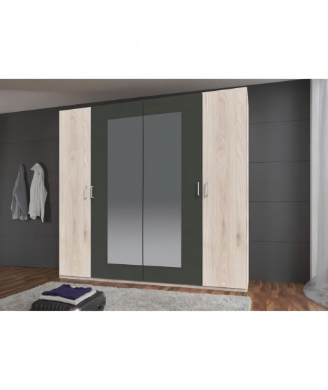 Armoire de chambre - RHODES - Chene Hickory / Rechampis graphite - 4 portes - 2 miroirs - 225 x 58 x 208 cm