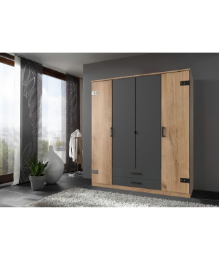 Armoire de chambre - CORFOU - 3 portes - 2 tiroirs - Chene poutre / Graphite - 180 x 58 x 199 cm