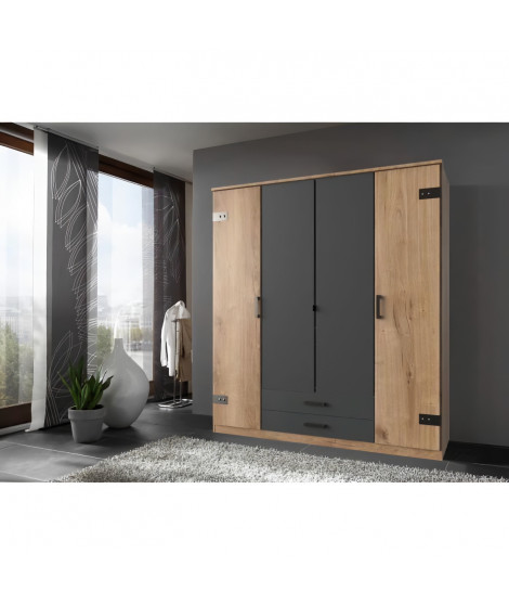 Armoire de chambre - CORFOU - 3 portes - 2 tiroirs - Chene poutre / Graphite - 180 x 58 x 199 cm